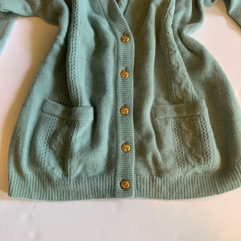 Talbots Lambswool‎ Angora Cardigan Seafoam Green Cable Knit Padded Shoulder - Picture 4 of 7